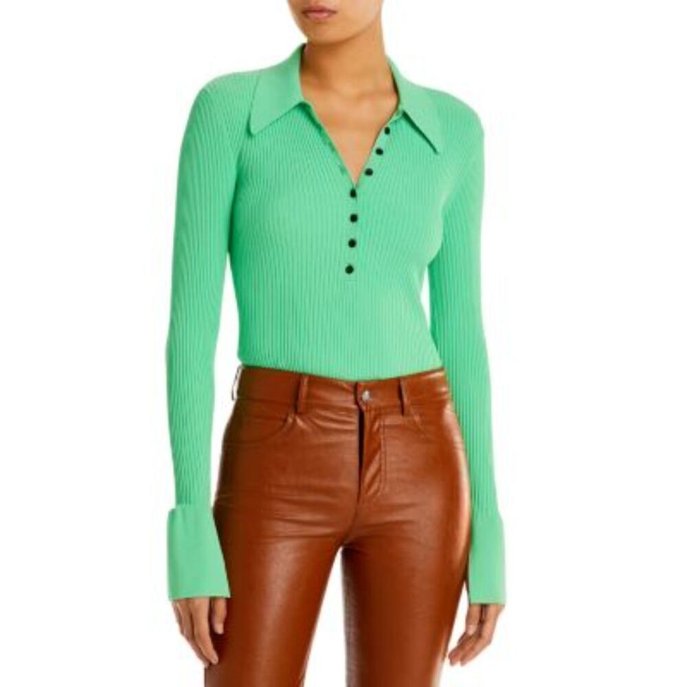 A.L.C. Neon Green Eleanor Ribbed Knit Wide Sleeve Henley Collared Stretch Top XS